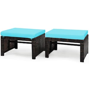 2-Piece Patio Rattan Ottoman Cushioned Seat Foot Rest Furniture in Turquoise