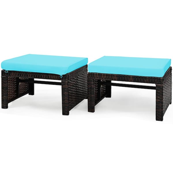 Costway 2-Piece Patio Rattan Ottoman Cushioned Seat Foot Rest Furniture in Turquoise