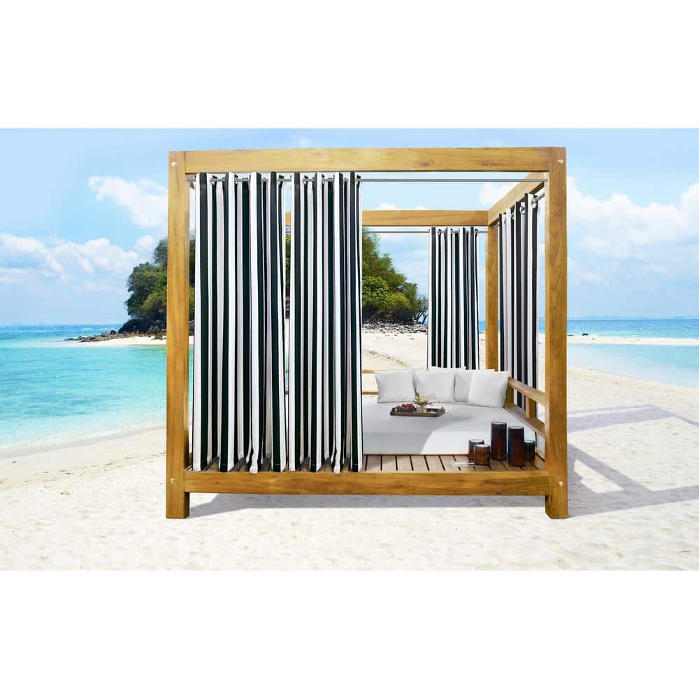Black Striped Polyester Light-Filtering Grommet Outdoor Curtains