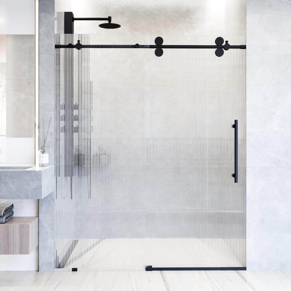 Elan Matte Black Frameless Sliding Shower Door with Fluted Glass