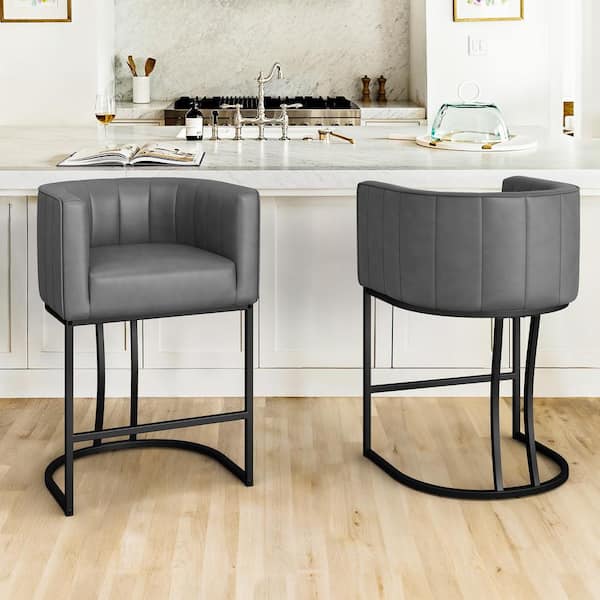 Siska 26 in.Modern Gray Faux Leather Upholstered Counter Stool with Black Metal Frame Barrel Bar Stool Set of 2