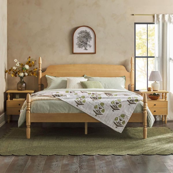 Modern Farmhouse Easy Assembly 3-Piece Natural Solid Wood 2-Drawer Nightstands and King Bed Bedroom Set