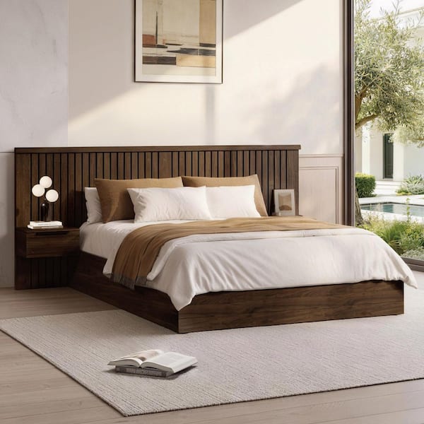 Lume Walnut Wood Frame King Platform Bed with Modern Fluted Style Bed Set, Nightstands, Easy Assembly