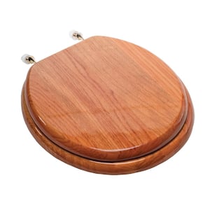 Designer Wood Round Closed Front Toilet Seat with Cover and Brass Hinge in Piano Oak Finish