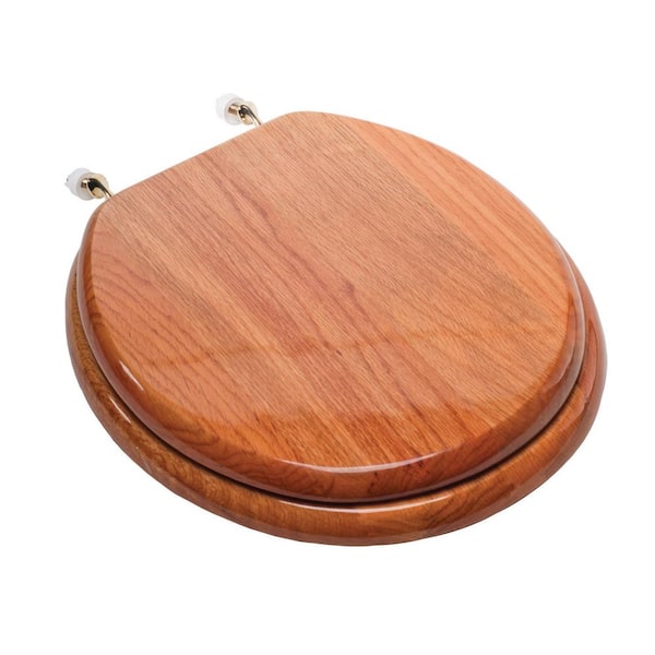 JONES STEPHENS Designer Wood Round Closed Front Toilet Seat with Cover and Brass Hinge in Piano Oak Finish