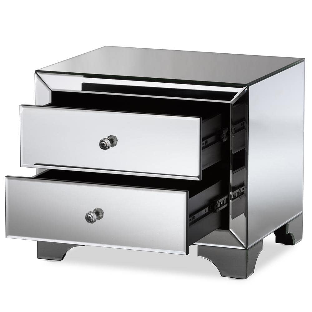 Elegant Silver Mirrored 2-Drawer Nightstand with Crystal Handles