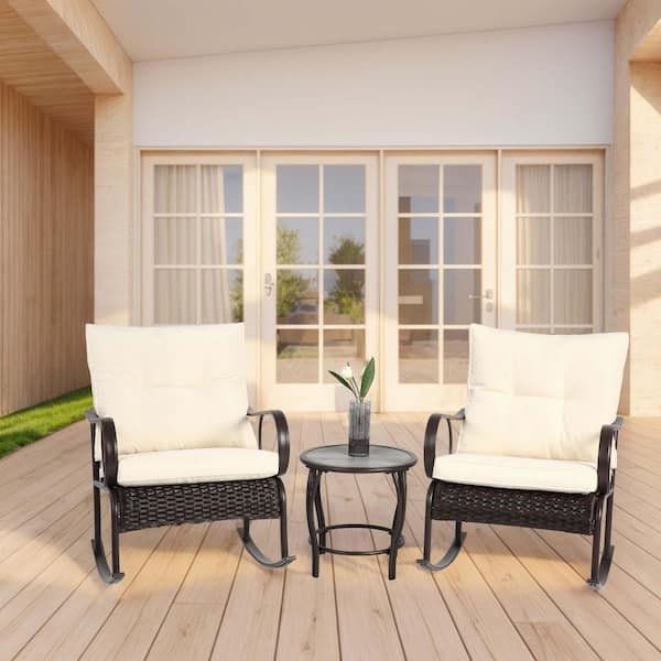 Unbranded 3-Piece Wicker Patio Conversation Set with White Cushions, PE Rattan Wicker Outdoor Sofa Set with Tempered Glass Table