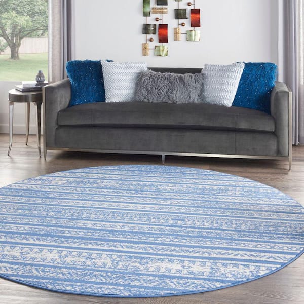 Whimsicle Light Blue Ivory 8 ft. x 8 ft. Abstract Contemporary Round Area Rug