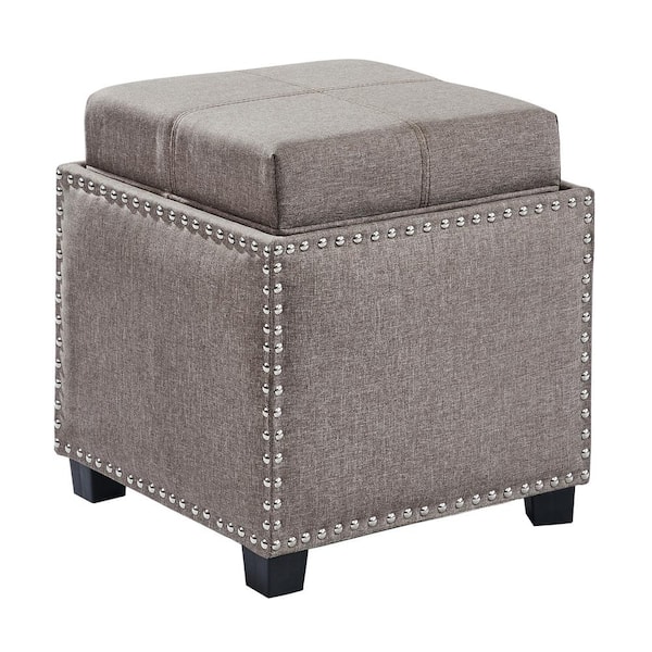 Armen Living Blaze Brown Linen Contemporary Ottoman with Wood Legs