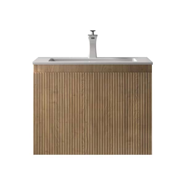 Liner 24 in. Single Yellow Oak Bath Vanity Wall-mounted Floating Vanities with Gloss White Resin Stone Top 2 Drawers