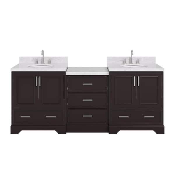 Stafford 85 in. W x 22 in. D x 36 in. H Double Sink Bath Vanity in Espresso with Italian Carrara Marble Top