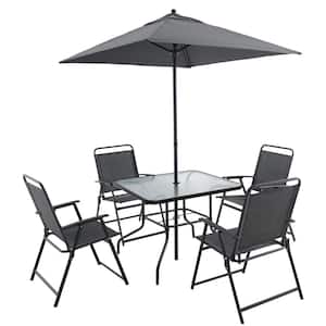 6-Piece Black Metal Outdoor Patio Dining Set with 4 Folding Chairs, Tempered Glass Top Dining Table and Umbrella
