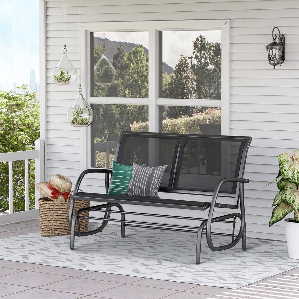 Black Steel Outdoor Glider Bench with Ergonomic Backrest