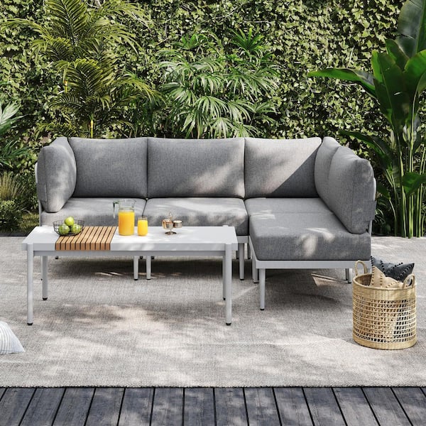 5-Piece Outdoor Conversation Furniture Set with Coffee Table, White Frame and Grey Cushions