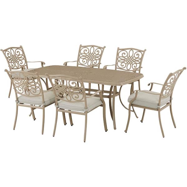 Hanover Traditions 7-Piece Metal Outdoor Dining Set, Stationary Chairs with Cushions and Cast-top Table, Sand