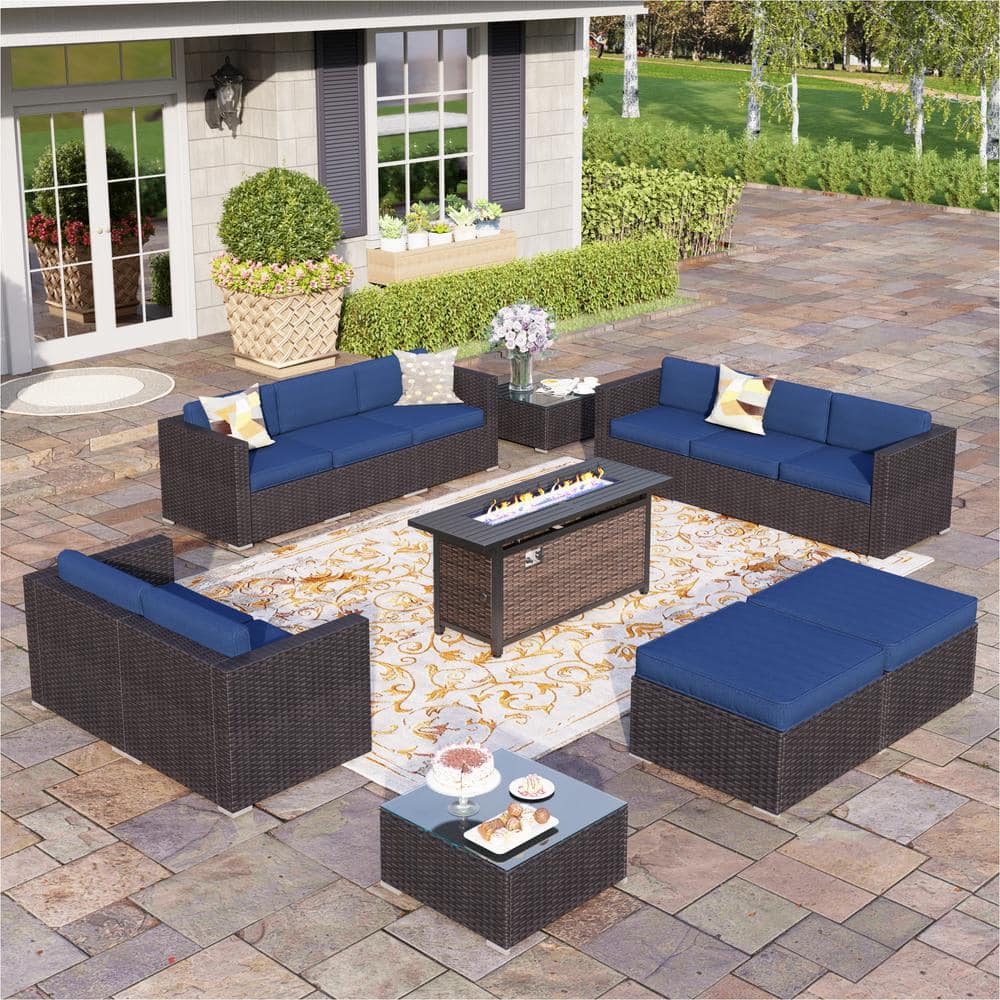 Dark Brown Rattan 13-Piece Steel Outdoor Fire Pit Patio Set with Blue Cushions, Rectangular Fire Pit Table, 2 Ottomans -  PHI VILLA, DF13393432GS103