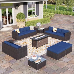 Dark Brown Rattan 13-Piece Steel Outdoor Fire Pit Patio Set with Blue Cushions, Rectangular Fire Pit Table, 2 Ottomans