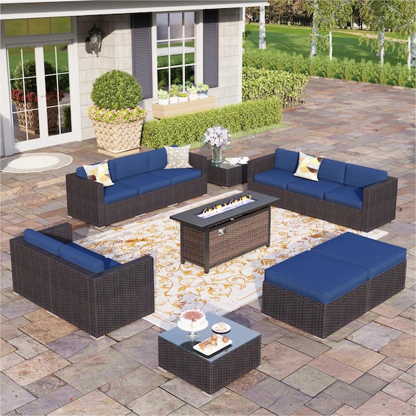 PHI VILLA Dark Brown Rattan 13-Piece Steel Outdoor Fire Pit Patio Set with Blue Cushions, Rectangular Fire Pit Table, 2 Ottomans