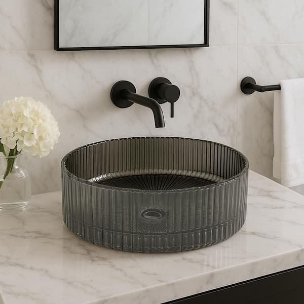 Cowrie Timeless Smoky Gray Tempered Glass Crystal Round Vessel Sink - 16 in.