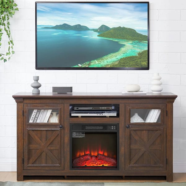 60 in. Freestanding Electric Fireplace TV Stand with 2-Doors Cabinet and 18 in. Fireplace Inser in Brown