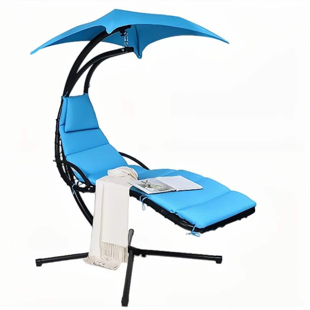 Metal Outdoor Floating Hanging Chaise Lounge Chair with Stand and Blue Cushion