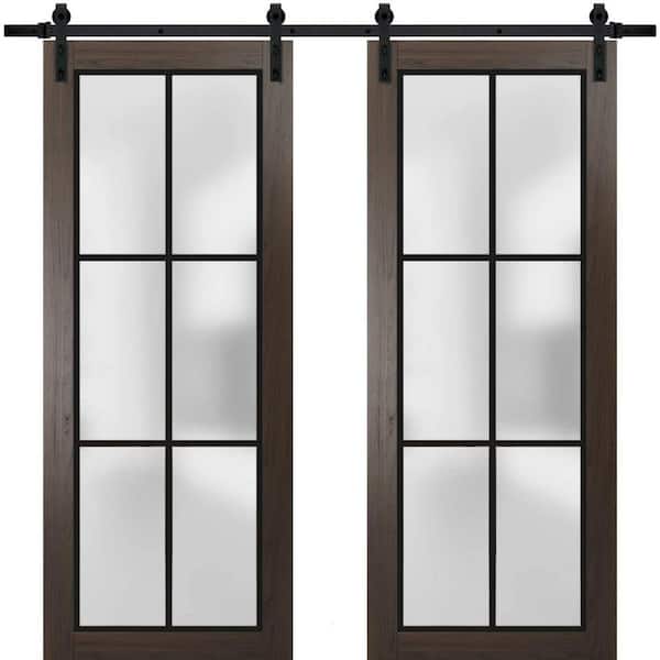 Sartodoors 28 in. x 96 in. 2 Panel Frosted Glass Chocolate Ash Solid Wood Sliding Barn Door with Hardware Kit