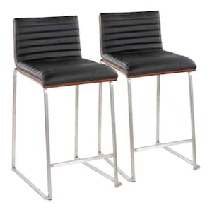 Mason Mara 24.5 in. Black Faux Leather, Walnut Wood and Stainless Steel Metal Counter Stool (Set of 2)