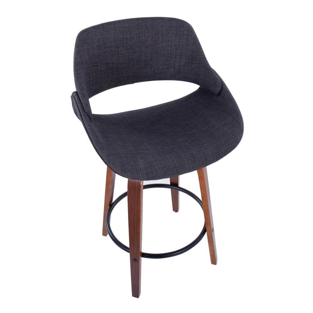 Charcoal Upholstered Walnut Wood Swivel Counter Stools with Black Metal Footrest, Set of 2