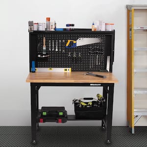 4 ft. Adjustable Height Steel Workbench with Solid Wood Top and Pegboard Back Wall