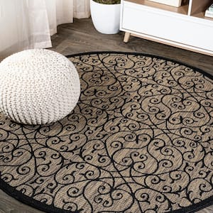 Madrid Vintage Filigree Textured Weave Black/Khaki 4 ft. Round Indoor/Outdoor Area Rug