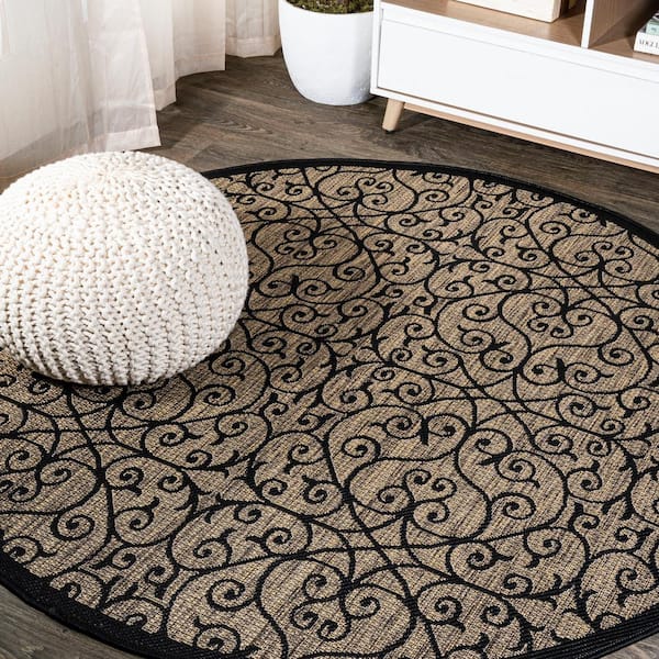 Madrid Vintage Filigree Textured Weave Black/Khaki 9 ft. Round Indoor/Outdoor Area Rug