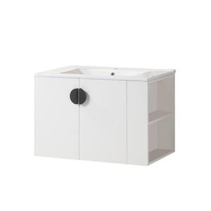 30 in. W x 18.3 in. D x 19.6 in. H Floating Bath Vanity in White with White Ceramic Top and Right Open Storage Shelf