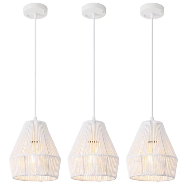ADSENSTY 1-Light White Mini Chandelier with Rattan Shade, No Bulbs Included (Set of 3)