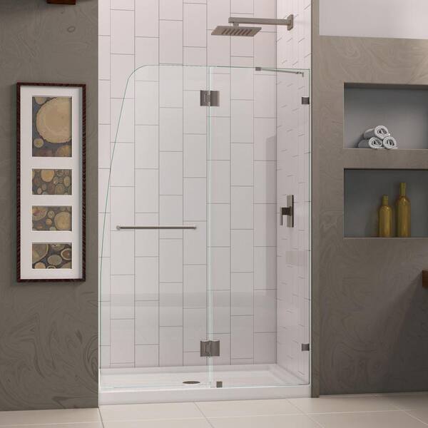 DreamLine AquaLux 48 in. x 74-3/4 in. Hinged Shower Door in Brushed Nickel with Center Drain Base