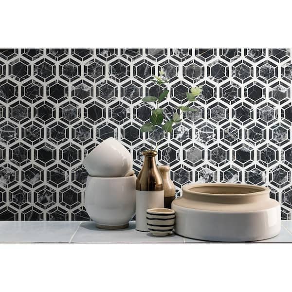 Hexagono Nero 11 in. x 13 in. x 0.38 in. Polished Marble Mesh-Mounted Mosaic Floor and Wall Tile (10.6 sq. ft./Case)