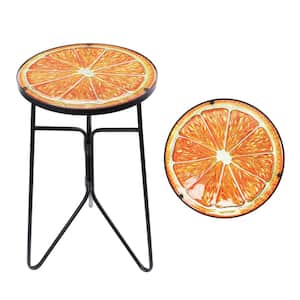 12 in. Tall Round Side Table Outdoor Glass Top Accent Table, Orange
