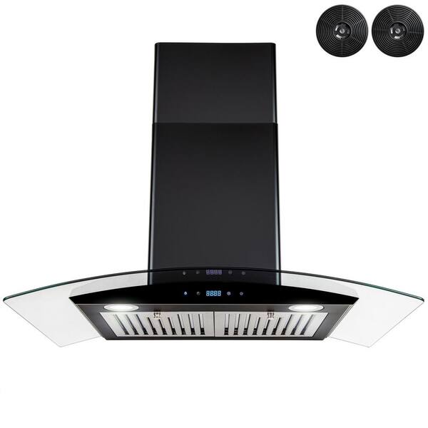 AKDY 217 CFM Convertible Wall Mount Range Hood with Tempered Glass and Carbon Filters in Black Painted Stainless Steel 36 in 