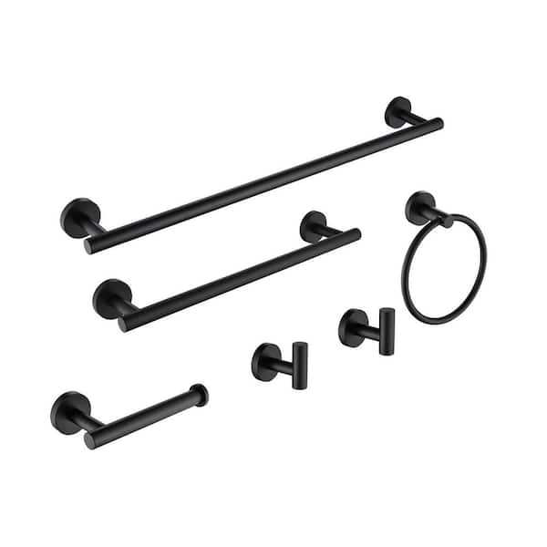 FUNKOL 6-Piece Stainless Steel Bath Hardware Set with Hand Towel Bar, Toilet Paper Holder, Robe Towel Hooks, in Matte Black