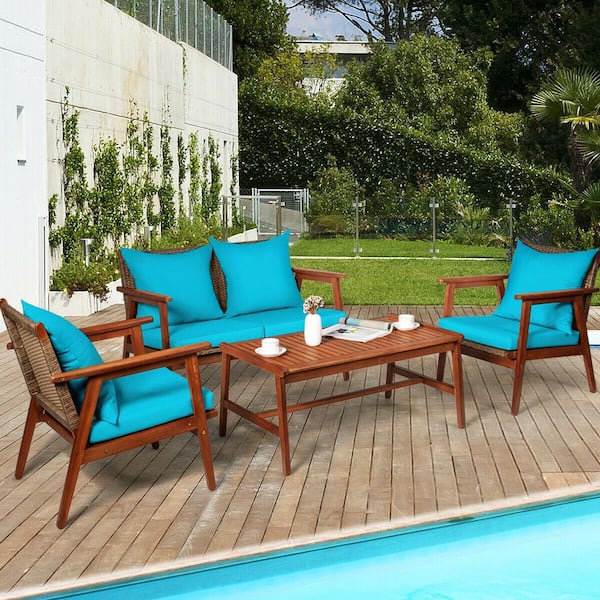 ANGELES HOME 4-Piece Acacia Wood Patio Conversation Set with Zippered Turquoise Cushions and Rattan Seat Back