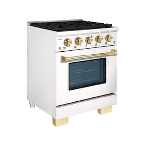 BOLD 30 in. 4.2 Cu. Ft. 4 Burner Freestanding All Gas Range with Gas Stove and Gas Oven, White with Brass Trim