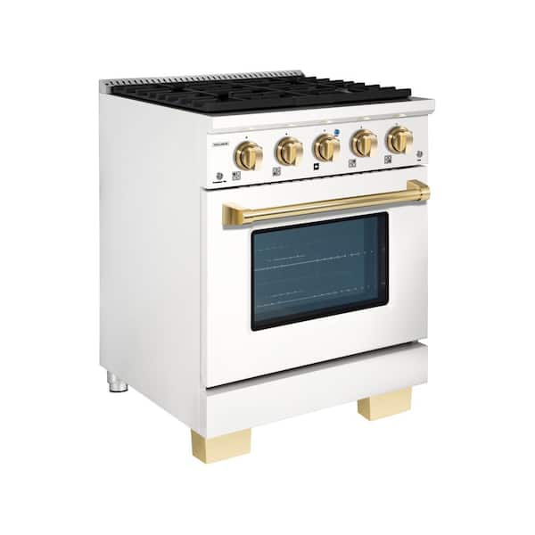 BOLD 30 in. 4.2 Cu. Ft. 4 Burner Freestanding All Gas Range with Gas Stove and Gas Oven, White with Brass Trim