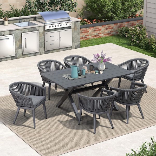 7 Piece Aluminum All-Weather PE Rattan Rectangular Outdoor Dining Set with Cushion, Grey