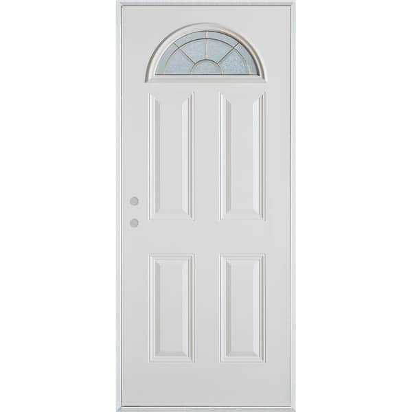 Stanley Doors 32 in. x 80 in. Geometric Brass Fan Lite 4-Panel Painted White Right-Hand Inswing Steel Prehung Front Door
