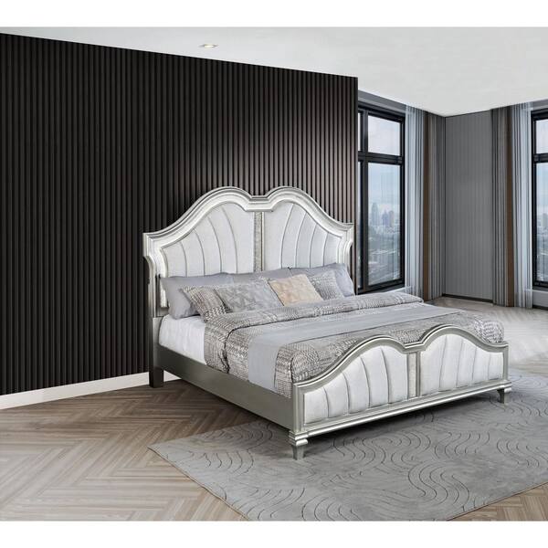 Nila Silver Color Wood Frame Queen Panel Bed With LED Light