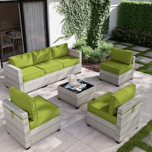 7-Piece Wicker Outdoor Sectional Set with Grass Green Cushion