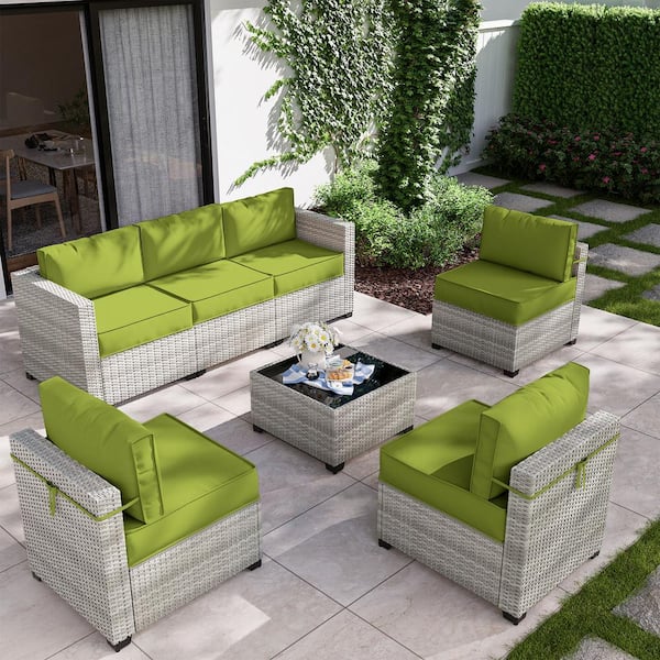 Kimunuk 7 Piece Wicker Outdoor Sectional Set with Grass Green Cushion 7 Sofa Grass The Home Depot