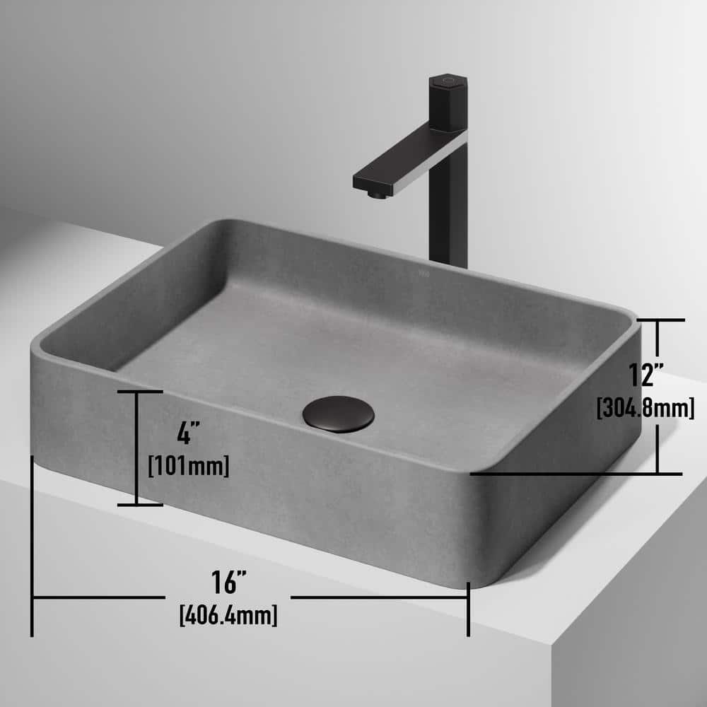 Gray Concrete Rectangular Vessel Bathroom Sink, 16" x 12"