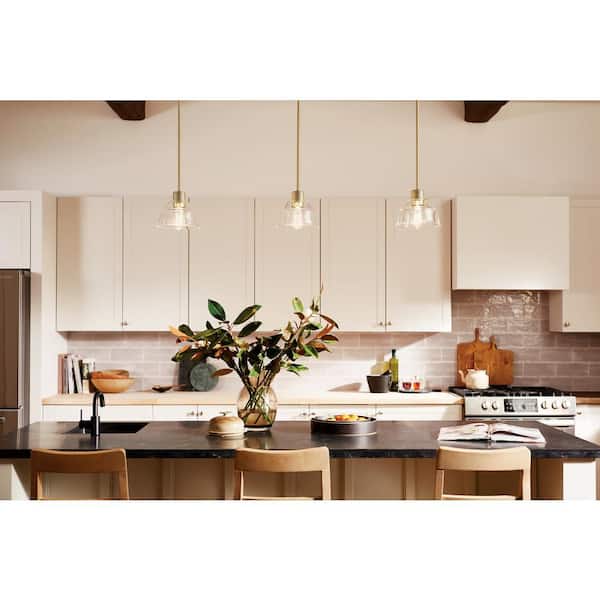 Eastmont 1-Light Brushed Natural Brass Vintage Industrial Standard Kitchen Mini Pendant Hanging Light with Clear Glass