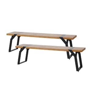 Nibley 2-Person Acacia Wood and Black Iron Outdoor Dining Bench (2-Pack)