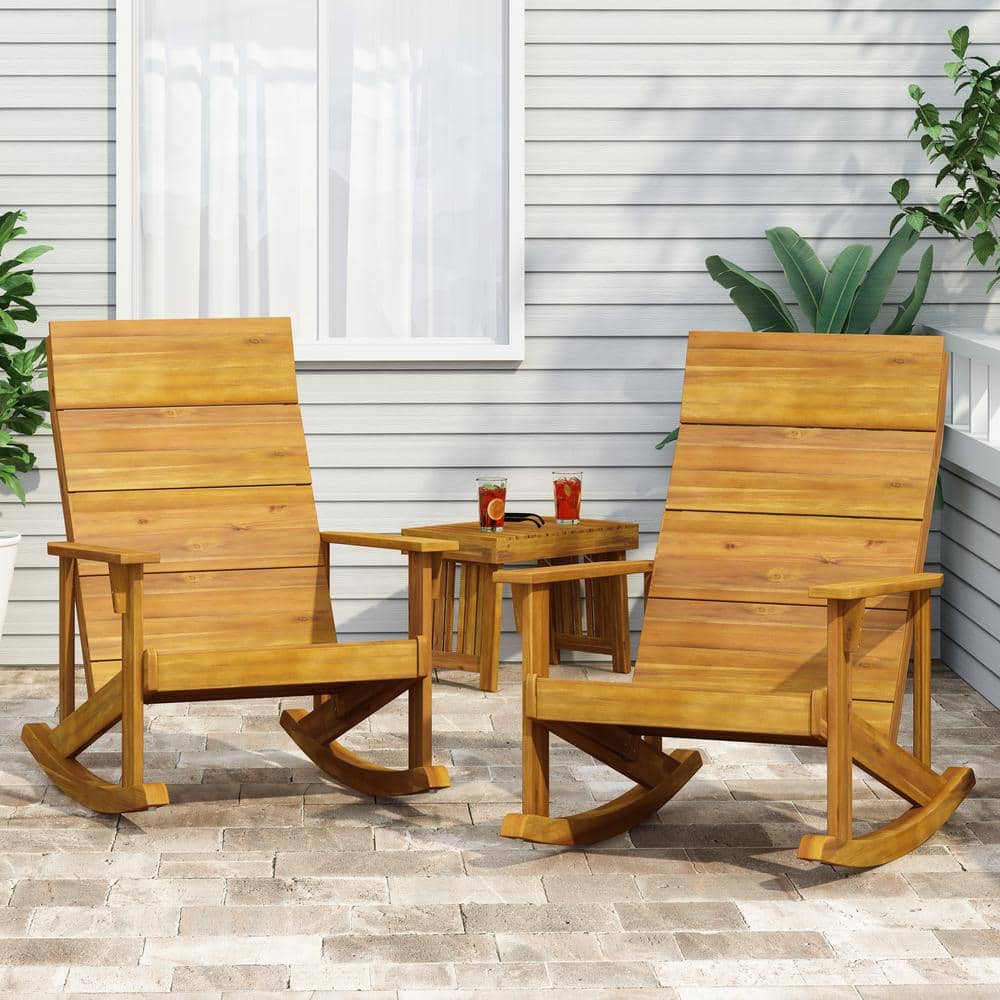 Chamlee Teak Wood Outdoor Adirondack Rocking Chair Set, Natural Finish